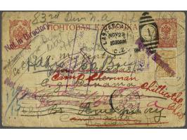 Postcard 3 kopeke red 1917 franked with Coat of Arms 1 kopeke orange to Las Cascades (Canal Zone), redirected many times in v