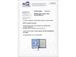 5 cent blauw plaat VI pos. 22 op dik papier met velrand, pracht ex. met certificaat Vleeming 2019 (gom deels bijgewerkt en on