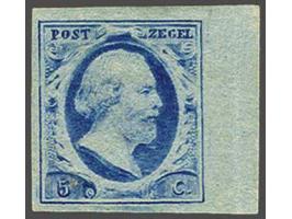 5 cent blauw plaat VI pos. 85 op dun papier met velrand, pracht ex. met volle originele gom, cat.w. 600