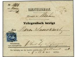 5 cent donkerblauw plaat III pos. 82 op envelop Rijkstelegraaf uit Den Haag via telegraafkantoor Arnhem 29-3-1856 naar Hus bi
