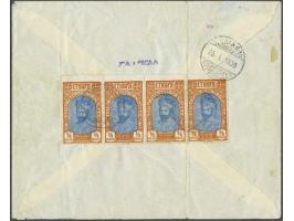 5 cent blauw plaat VI pos. 88-90 op dun papier in strip van 3 en 15 cent oranje op briefomslag van Leiden 5-8-1864 via Emmeri