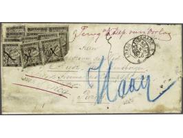 Postage Due 10 centimes black in pair, 30 centimes black and 9 other stamps on many times redirected cover from The Hague (Ne