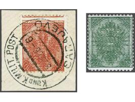 Coat of Arms, 5 heller green (2x, one with certificate Ferchenbauer, nearly unmounted mint), 10 heller red used on piece and 