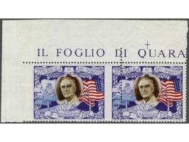 Roosevelt 1947 5 L top marginal pair with the error major perforation shift to the right, creating vertically imperforated st