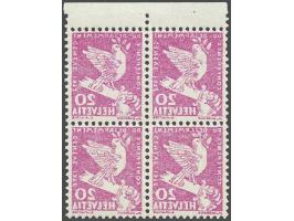 Pigeon with broken sword 20 centimes carmine lilac with the error complete mirrorprint at reverse in block of 4 with sheet ma