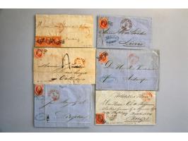 emissie 1864, 16 poststukken met nr. 5 w.b. 3 paartjes en 1 met 3 ex., alle naar het buitenland verzonden 