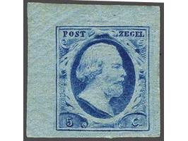 5 cent blauw plaat VI pos. 76 op dun papier met hoekvelrand, pracht ex. (onbeduidend vouwtje in marge en iets papierresten ac