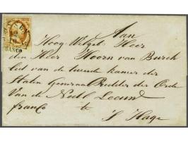 Assen B (Ey 200) op 15 cent donkeroranje met velrand op briefomslag van Norg (langstempel achterzijde) 12-10-1853 naar Den Ha