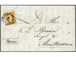 Enschede B (Ey 250) op 15 cent donkeroranje pos. 55 met velrand op vouwbrief 18-8-1854 naar Amsterdam, pracht ex.