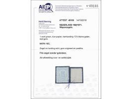 1 cent groen tanding 13¼ kleine gaten op dun papier met certificaat Vleeming 2019, cat.w. 330