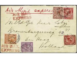 Brief retourvlucht London Threatneedlestraat -Den Haag 21-7-1920, op voor en achterzijde rood AIR MAIL EXPRESS en aankomstste