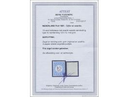 10 cent lichtblauw en zwart type III tanding 12½ x 12 grote gaten met certificaat Vleeming 2017, origineel spikkeltje in gom,