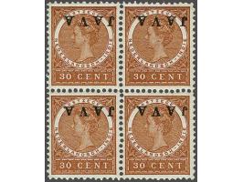 Java 30 cent oranjebruin met variëteit kopstaande opdruk in blok van 4, cat.w. 332