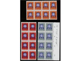Vrij Nederland, 5 cent oranje en blauw, 10 cent dieprood en blauw en 1 gulden grijs en blauw getande proeven in gekozen kleur