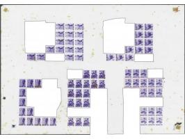 1, 3, 3½, 5 en 7½ cent violet inheemse dansers, ongetande proeven in restveldeel met nog 74 zegels, deels getint