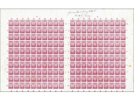 5 sen rood ongetande proef in compleet dubbelvel van 200 stuks met smalle tussenstrook (25 mm.), ets 40 en randletter A, gesc