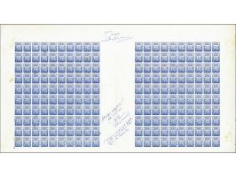 10 sen blauw ongetande proef in compleet dubbelvel van 200 stuks met brede tussenstrook (80 mm.) zonder velrandbedrukking, kn