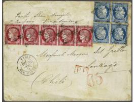 Cérès 25 centimes blue in block of 4 and 80 centimes rose in strip of 5 on cover from Paris 29-7-1874 to Santiago (Chile) wit