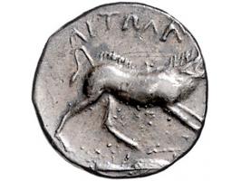 Griekse munten Aetolia, Aitolian League, Triobol ca. 205-150 BC, AR 14.9 mm, 2.51 g. - Obv: Head of Aetolia facing right, wea