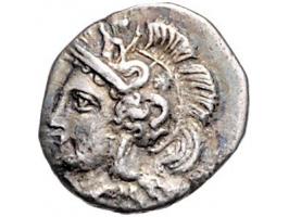 Griekse munten Calabria, Tarentum, Diobol ca. 325-280 BC, AR 1.14 g. - Obv: Head of Athena right, wearing crested Attic helme
