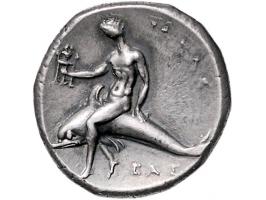 Griekse munten Calabria, Tarentum, Nomos ca 302-280 BC, AR 7.95 g. - Obv: Boy on horse facing right with ΣΑ above and ΑΡΕ / Θ
