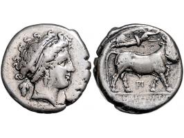 Griekse munten Campania, Neapolis (Naples), Nomos Stater (Didrachm) ca. 350-323 BC, AR 20 mm, 7.12 g. - Obv: Head of nymph ri