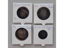 Lot of 4 silver coins, shilling James I, 2nd bust; 1/2 crown 1689 William and Mary 1st and 2nd reverse and a shilling 1817 Ge