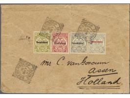 1893 ½ d. grey (black overprint), ½ d. grey (carmine overprint), 1d. carmine and 2d. olive-bistre (perf. 12½) on van Gorcum e