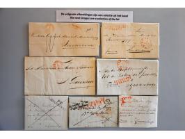 60 EO poststukken met betere stempels w.b. drie-stuiver, aangetekend, etc. in doos
