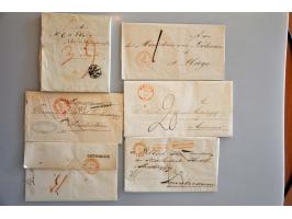 60 EO poststukken met betere stempels w.b. drie-stuiver, aangetekend, etc. in doos