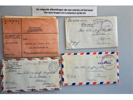 30 poststukken 1945-1948 naar Nederland (alle enveloppen MET INHOUD), groen, violet en zwart Mariniers Postkantoor Soerabaja,