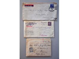 30 poststukken 1945-1948 naar Nederland (alle enveloppen MET INHOUD), groen, violet en zwart Mariniers Postkantoor Soerabaja,