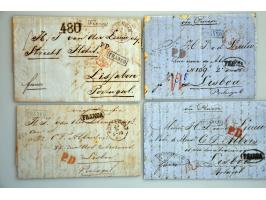 8 EO poststukken ca. 1865 naar Lisboa (Portugal), via Prusse of France met veel verschillende stempels en portaanduidingen