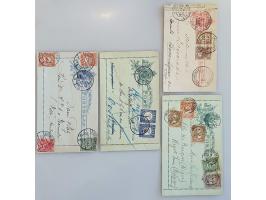 bijgefrankeerde postbladen w.b. stempels, mooie combinatie frankeringen, bestemmingen, aangetekend etc. totaal 12 ex. 