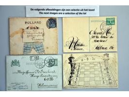 verluchtigde briefkaarten en enveloppen (ca. 50 ex.) tussen 1900-1940 w.b. aquarellen, postzegelkunst, tekeningen etc. Tevens