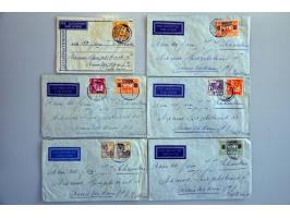 6 luchtpost enveloppen alle met verschillende frankeringen en alle met puntvlakvullingstempel Muntok type I (SvL 250)
