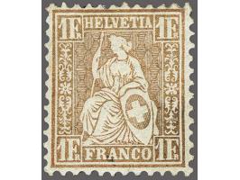 Sitting Helvetia 1 franc yellowish gold bronze on white paper (Zst. no. 36b), fine/very fine mounted mint with 1969 Hans Hunz
