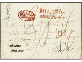 DÉB. 121 DOESBOURG in rood, lichte afdruk op brief van Milaan 8-8-1834 via&nbsp;Huningue naar Parijs (aankomststempel 3-9), m