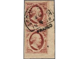10 cent rood plaat IV pos. 20/25 in verticaal paar met hoekvelrand, pracht ex.