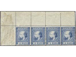 5 cent blauw type II tanding 14 kleine gaten in strip van 4 met hoekvelrand, pracht ex. met ingedroogde deels originele gom (