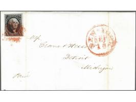 George Washington 10 cents black with red square grid cancellation on cover from New York 15-9-1849 to Detroit, Michigan, fin