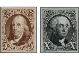 Reprints 1875, Benjamin Franklin 5 cents red brown and George Washington 10 cents black on bluish paper without gum, very fin