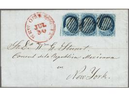 Benjamin Franklin 1 cent blue type II in strip of 3 (62-63-64L1E) on complete letter written in Vera Cruz (Mexico) 10-7-1852 
