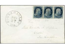 Benjamin Franklin 1 cent blue type V in strip of 3 on cover from South Hadley, Massachussets 27-1-18?? to Chester, New Hampsh