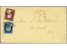 Benjamin Franklin 1 cent blue and George Washington 3 cents dull red with boxed Paid cancel on cover from Boston 8-8-18?? to 
