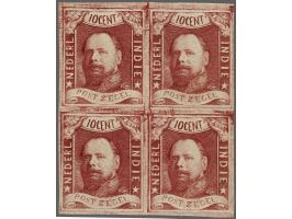 Niet geretoucheerde stempel van de 10 cent in donkerkarmijn op dun papier zonder gom in blok van 4, pracht ex. met certificaa