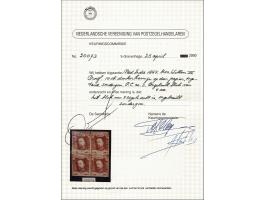 Niet geretoucheerde stempel van de 10 cent in donkerkarmijn op dun papier zonder gom in blok van 4, pracht ex. met certificaa