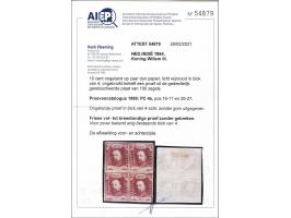 Proef 10 cent licht wijnrood van de gedeeltelijk geretoucheerde plaat op zeer dun papier pos. 16-17 en 26-27 in blok van 4 zo
