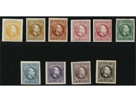 Ongetande kleurproeven van Oscar Berger-Levrault van de Willem III 10 cent in de kleuren oranje, geelbruin, bruin, rose, rood