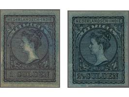 Ongetande kleurproeven type Veth 1 gulden doflila en 2½ gulden zwartblauw op blauw papier, pracht ex. (nr. 61 kleine papierve